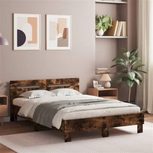 VidaXL Cadre de Lit avec Tête de Lit et LED, Lit Double avec Sommier à Lattes, Lit Adulte de Chambre, Chêne Fumé 135x190 cm Bois d'Ingénierie