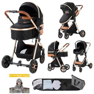 Poussette Magic Zc Poussette 3 En 1 Pousette Poussette De Luxe Frein &Agrave; Une Seule Jambe+Serviette De Bain+Sac &Agrave; Main Noir Or