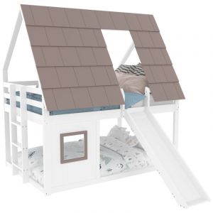 Lit superpos&eacute; enfant 140 x 200 cm - avec toit - &eacute;chelle et toboggan - blanc et marron（sans matelas）