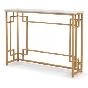 Table console meuble d'entrée en faux marbre cadre en métal doré design géométrique kit anti-basculement 110 x 30 x 81 cm blanc