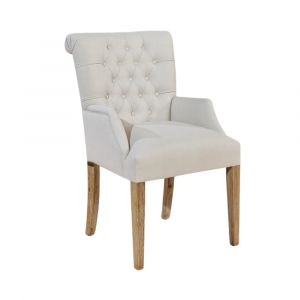Fauteuil de table capitonné en hévéa et lin beige