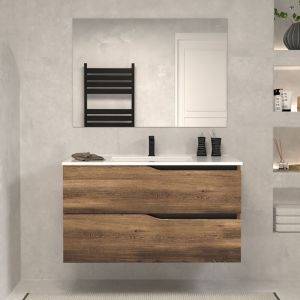 Meuble de salle de bain 90cm simple vasque - 2 tiroirs - tabacco (chêne foncé) - LUNA