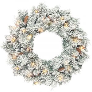 Homcom Couronne de Noël Lumineuse 60 cm avec 35 LED Blanc Chaud, minuterie, Couronne de Noël de Porte d'entrée floquée avec 98 Pointes, Pommes de pin, pour fenêtre, Mur, cheminée, Vert et Blanc