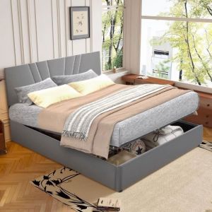 Lit 140x190 cm Janzdiys avec Tête de Lit Capitonnée Réglable en Hauteur - Lit Coffre avec Rangement - Bois Massif et Métal - Gris
