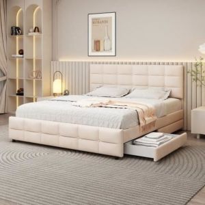 Lit avec 4 tiroirs capitonné 180 x 200 cm - lit avec sommier à lattes et dossier et tête de lit en velours doux pour adultes et adolescents - beige
