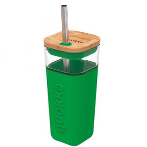 Mug en Verre 540 ml avec Couvercle en Bambou et Paille Inox Quokka Vert
