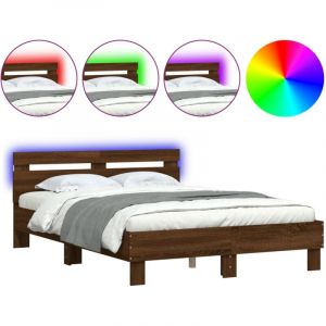 VidaXL Cadre de Lit avec Tête de Lit et LED, Lit Double avec Sommier à Lattes, Lit Adulte de Chambre, Chêne Marron 120x190 cm Bois d'Ingénierie