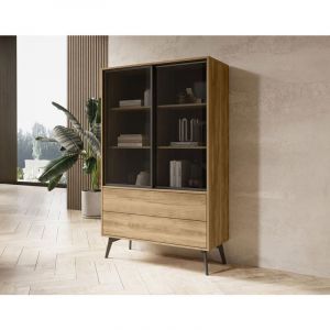 Bestmobilier - Larry - vitrine - 2 portes et 2 tiroirs - bois et métal noir - 144 cm