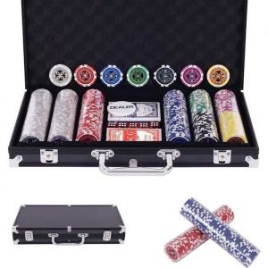 Costway Mallette De Poker, 300 Jetons Laser, 2 Jeux De 54 Cartes, 5 Dés, 1 Dealer - Coffret De Poker En Aluminium Noir
