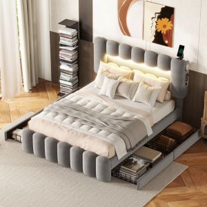 Lit rembourré 140x200cm avec 4 tiroirs - avec LED + USB port de charge + Lecteur - Gris
