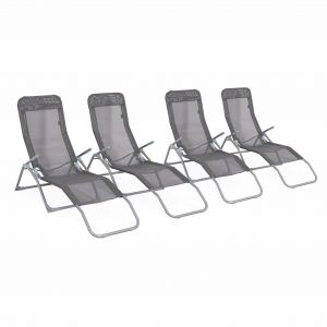 Lot de 4 bains de soleil pliants - Levito Anthracite - Transats textilène 2 positions chaises longues