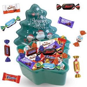 Boîte Sapin Verte "Joyeux Noël" garnie de 80 chocolats Kinder, Daim, Milka & Célébrations | Idéal pour partager en famille