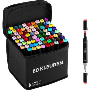 Happy Goods Twinmarkers - 80 marqueurs à alcool - Marqueurs - avec sac de rangement - Marqueurs pour adultes et enfants - Aquamarkers