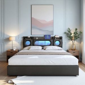 Lit Coffre Double 160x200 - Noir PU - Rangement Pneumatique - LED RGB - Charge USB/Type-C