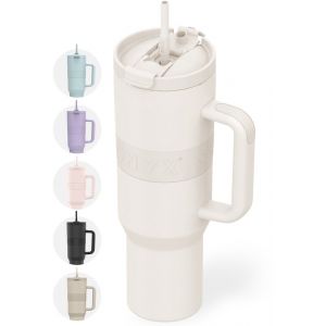 ONYX Bouteille à boire avec paille 1,2 litre - Bouteille d'eau pour enfants et adultes - Mug Thermos Mug de voyage en acier inoxydable - Buvette de motivation - Tasse à boire pour l'école - Blanc Coco