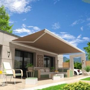 Intersun Store banne coffre ONYX 5,00x3,50 M (Motoris&eacute; Secours &agrave; T&eacute;l&eacute;commande - Blanc - Taupe)