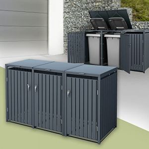 Box pour 3 Poubelles, 240L, 200x80x116,3 cm, en Acier, Anthracite, Résistant aux Intempéries, Habillage de Poubelle avec Couvercle Rabattable/3