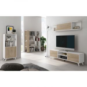 Pegane Ensemble de salon meuble TV + 1 etagere murale + Vitrine + bibliotheque coloris chene cambrian/ blanc -