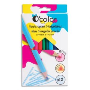 O Color O'COLOR Boîte de 12 maxi crayons de couleur en résine triangulaire. Diamètre 10mm, mine 4mm.Assortis