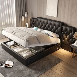 Lit coffre, avec plusieurs ports usb, lampe de bureau, système hydraulique, 160 x 200 cm, en velours, noir