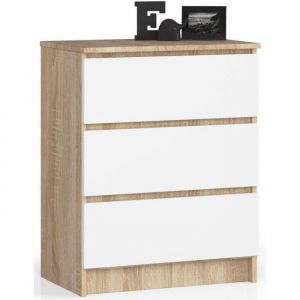 Commode Akord K60 Chêne Sonoma 60 cm 3 tiroirs façade Blanche 60x40x77 cm