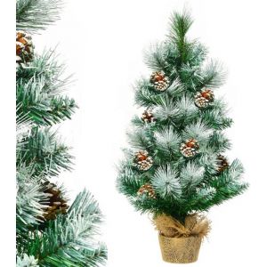 Mini Arbre de Noël Artificiel de Table H60CM en PVC avec 34 Branches,Décoré de Pommes de Pin Base de Ciment en Toile de Jute