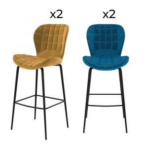 Pack 4 chaises de bar en velours jaune et bleu 75 cm - Mazzia