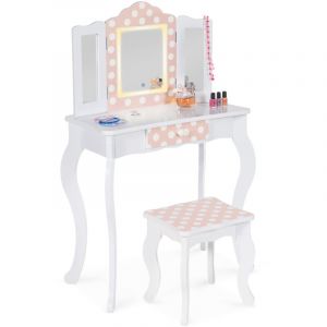 Idmarket Coiffeuse enfant ROZA LED blanche et rose avec 3 miroirs et tabouret
