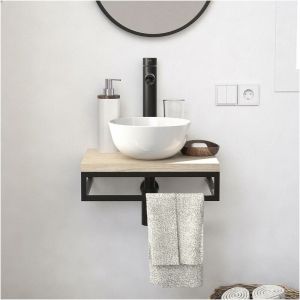 Meuble lave-mains plan fin et porte serviette dessous vasque blanche