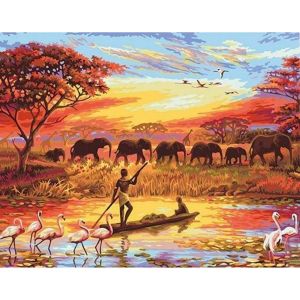 Peinture au num&eacute;ro : Coucher de soleil El&eacute;phants - toile tendue sur ch&acirc;ssis