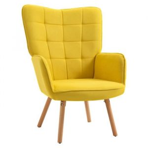 Image de Homcom Fauteuil relax style scandinave dossier capitonné piètement bois de hêtre revêtement aspect lin moutarde 71x68x101cm Jaune