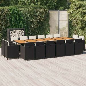 VidaXL Ensemble &agrave; d&icirc;ner de jardin coussins 17 pcs R&eacute;sine tress&eacute;e Noir Noir et marron
