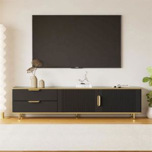 Meuble TV 175x40x45cm, avec 2 portes et 2 tiroirs, plaque à texture sculptée, avec structure en marbre, pieds dorés, noir