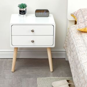 Table De Chevet Scandinave Table De Nuit Avec 2 Tiroirs Moderne Minimaliste, Pieds En Bois Massif, Blanc, 42x32x50cm.
