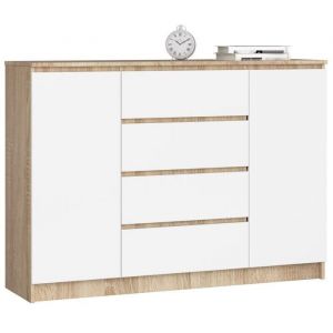 Commode Akord K140 Chêne Sonoma 138 cm 2 portes 4 tiroirs façade Blanche 4 étagères 138x40x99 cm