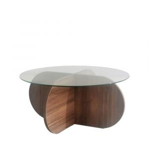 DRAWER Table basse ronde en verre trempé et bois ø75cm - Bois foncé - Bully