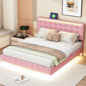 Lit capitonné avec lampes led pour adulte - cadre de lit flottant avec sommier à lattes et tête de lit avec 2 porte usb - rose 160x200cm