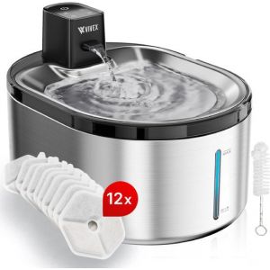 Vivex Wireless Drinking Fountain - Acier inoxydable - 4,5 litres - Fontaine &agrave; eau pour chats et chiens - Avec capteur et batterie - 12 filtres et outil de nettoyage inclus - Silencieux - Filtres suppl&eacute;mentaires