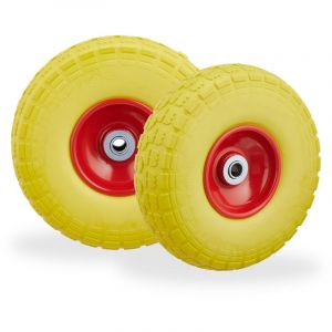 Image de Relaxdays Roue de diable Set de 2, caoutchouc 260x85 mm, increvables, 16mm, 4.1/3.5-4 essieu, jusqu'à 150kg, jaune-rouge