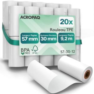 ACROPAQ 20 Rouleaux de caisse 57x30x8mm Thermique 9,2m- Sans BPA - 20 Bobines TPE