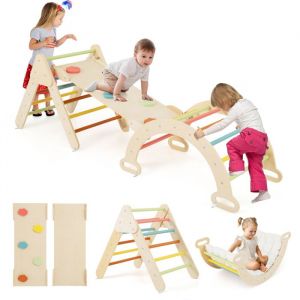 7 En 1 Triangle D'escalade Costway En Bois -Avec Toboggan/Arche/Rampe Double Face-Échelle Réglable Avec Coussin -Pour Bébé 1+ Ans