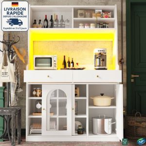 MODFU - Buffet, vitrine LED, avec 3 portes et 2 tiroirs, meuble de rangement de cuisine/salon, MDF, 120&times;40&times;180cm, blanc
