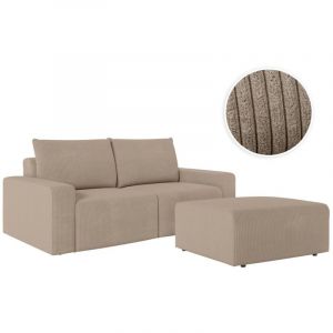 Loungitude PACK - Canap&eacute; droit fixe 2 places ROMANE avec pouf en velours c&ocirc;tel&eacute; - Taupe