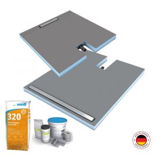 Wedi Receveur à carreler Fundo Plano Linea écoulement linéaire & bonde intégrée + colle 320 + kit d étanchéité, 90 x 90, carre