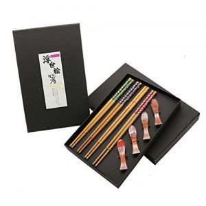 Exzact CS04 Ensemble de baguettes - 4 paires de baguettes en bambou naturel r&eacute;utilisables avec 4 pcs stand de Baguettes