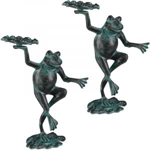 Relaxdays Statue de jardin, lot de 2, grenouille dansante, fonte fer, sculpture, figurine de jardin, taille m, d&eacute;coration, vert