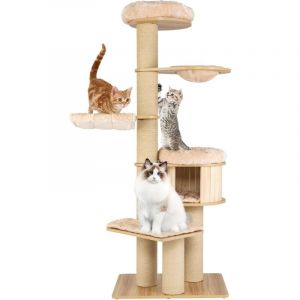 Costway Arbre À Chat En Bois 191cm Avec Hamac, Panier, Perchoir Et Niche, Tour À Chat Avec Coussin Amovible Et Poteaux À Gratter