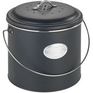 Wenko Poubelle à compost Nero 6L,en métal, couvercle avec anneau en silicone,avec 3 filtres à charbon actif pour anti-odeurs,étiquette personnalisable,dimensions l/p x h :diameter 22,5 x 27 cm,noir