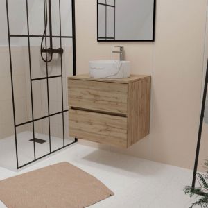 Aurlane Meuble Salle de Bains 60cm 2 Tiroirs Chêne Naturel + Vasque Ronde Diamètre 36cm Blanche Effet Marbre