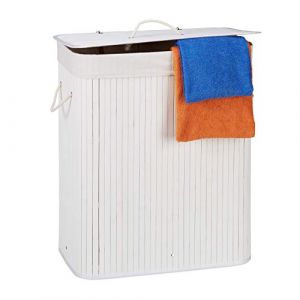 Image de Relaxdays Corbeille à linge bambou, Panier à linge 2 compartiments, coffre pliable couvercle 95 litres, blanc